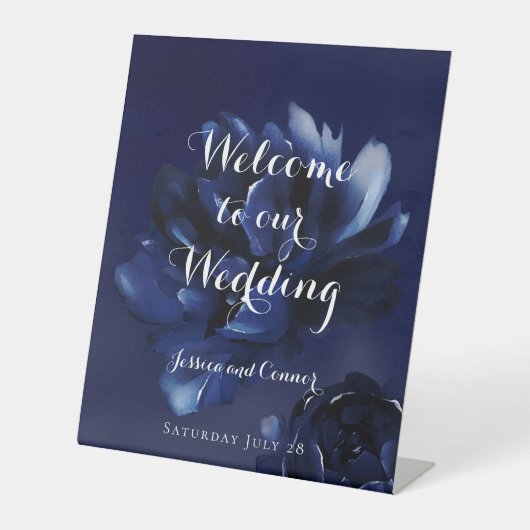 Sapphire Peony Welkom op onze bruiloft Reclamebord Met Voetstuk (Voorkant)