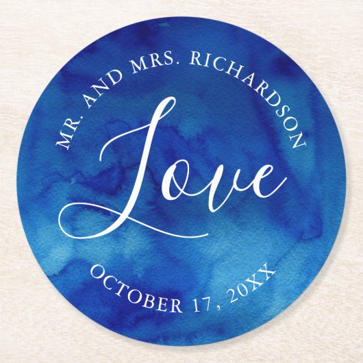 Sapphire Tide Bruiloft Liefde Monogram Papier Onde Ronde Kartonnen Onderzetter (Voorkant)