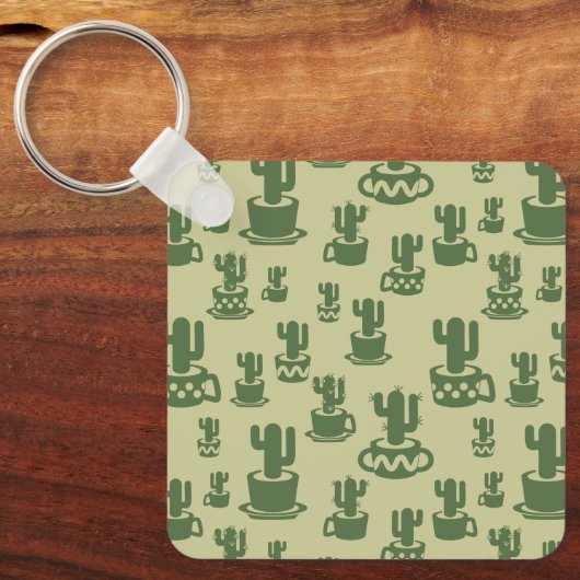 Sappige cactus silhouet in cups en potten sleutelhanger (Voorkant)