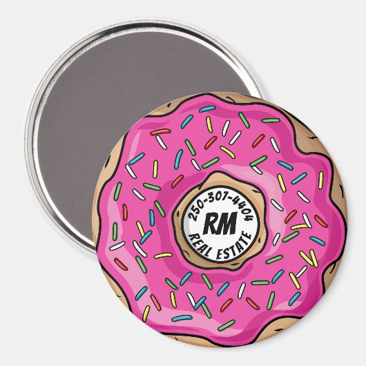 Sappige Roze Gestrookte Donut Aangepaste Tekst + I Magneet (Voorkant / Achterkant)