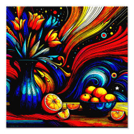 Sappige sinaasappels naast een mooie vaas foto afdruk