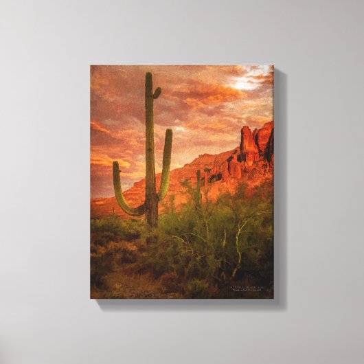 Saquaro Cactus Superstition Mountain Sunset 11x14 Canvas Afdruk (Voorkant)