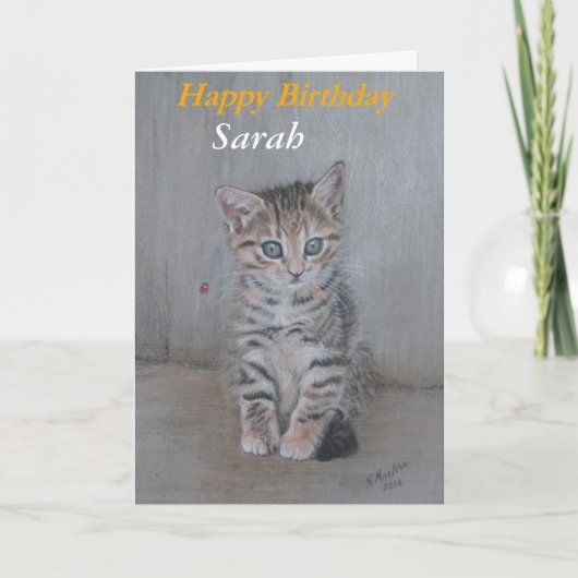 Sarah, Happy Birthday kitten art. Kaart (Voorkant)