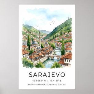 Sarajevo Watercolorprint, Stadsgezicht met Moskee Poster