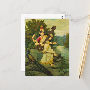 Saraswati, Godin of Music van Raja Ravi Varma Briefkaart