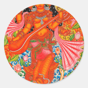 SARASWATI HINDU GODIN VAN HET LEREN VAN TANJORE RONDE STICKER