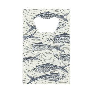 Sardines in Motion in marineblauw en ivoor Kredietkaart Flessenopener