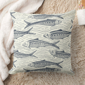 Sardines in Motion in marineblauw en ivoor Kussen