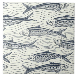 Sardines in Motion in marineblauw en ivoor Tegeltje
