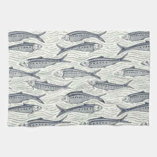 Sardines in Motion in marineblauw en ivoor Theedoek