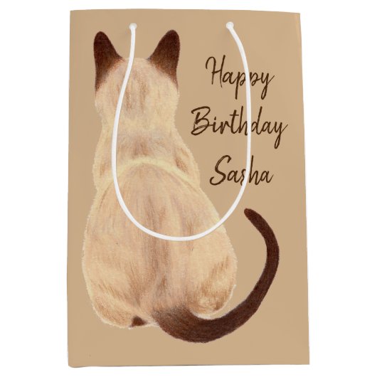 Sasha Siamese Cat Sitting Back Uitzicht Kat Aangep Medium Cadeauzakje (Voorkant)