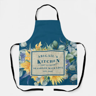 Sasoned with Love Custom Name Blue Floral Apron Schort