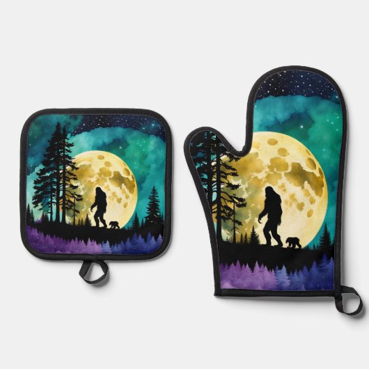 Sasquatch en Beer op de berg Ovenwant & Pannenlap Set (Voorkant)