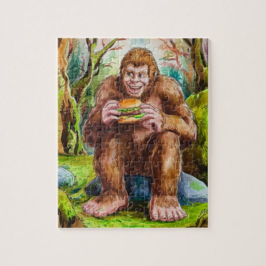 Sasquatch en de Cheesburger in een Mossy Forest Legpuzzel (Verticaal)