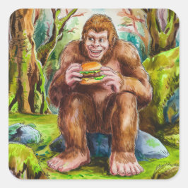 Sasquatch en de Cheesburger in een Mossy Forest Vierkante Sticker