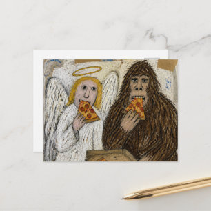 Sasquatch en de engel die pizza eet briefkaart