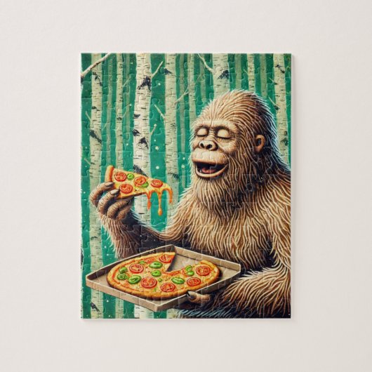 Sasquatch en de pizza in een berkenbos legpuzzel (Verticaal)
