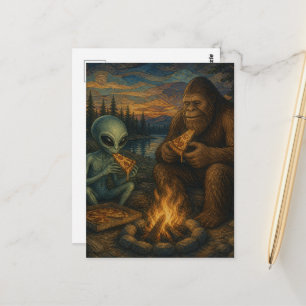 Sasquatch en een alien die pizza eten bij het kamp briefkaart