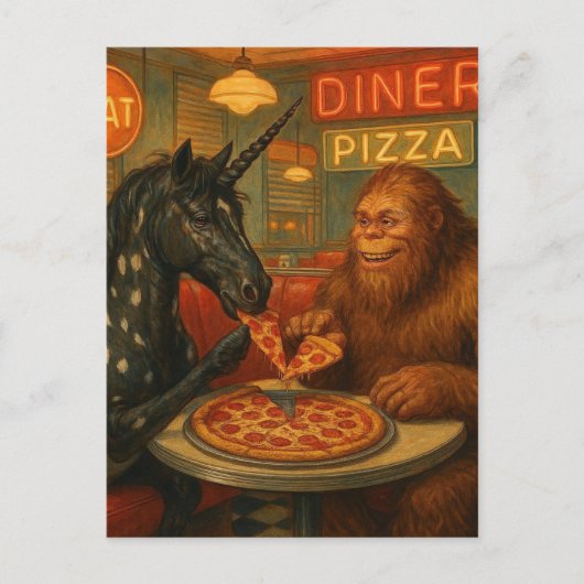 Sasquatch en een eenhoorn Appaloosa eten pizza Briefkaart (Voorkant)