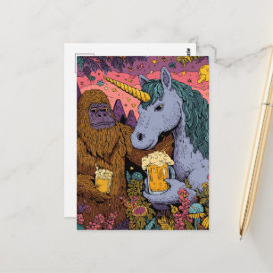 Sasquatch en een eenhoorn genietend van bier briefkaart