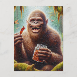 Sasquatch in mossy bos met gevonden pot van jerky briefkaart