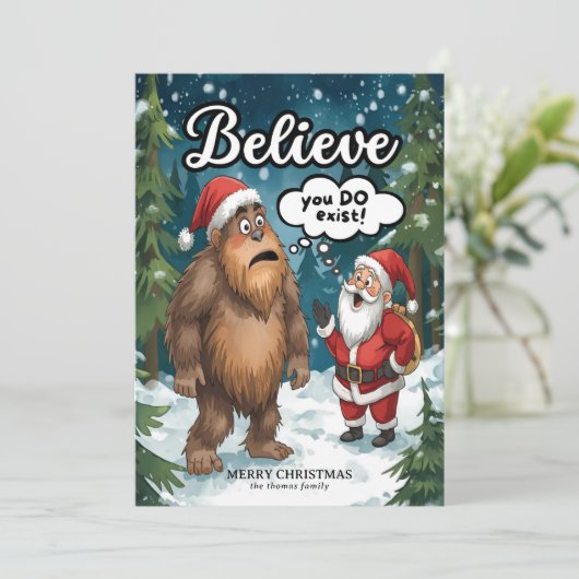 Sasquatch Meets Santa Believe Christmas Feestdagenkaart (Staand voorkant)