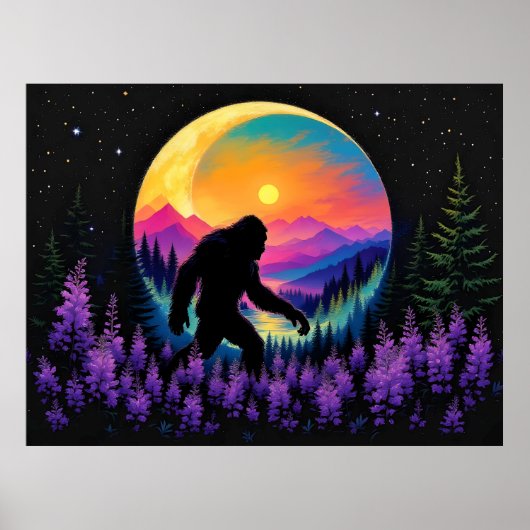 Sasquatch Rainbow Mountain Moon Wall Clock Poster (Voorkant)