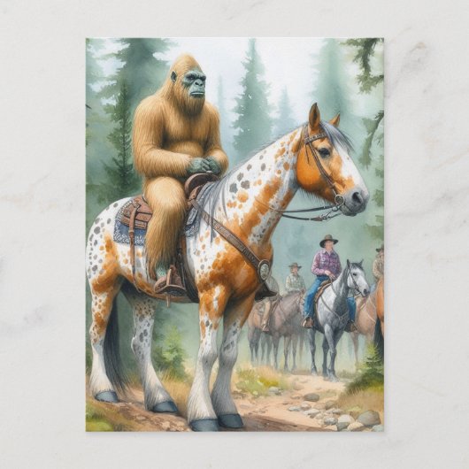 Sasquatch rijdt op een paard op een trailride briefkaart (Voorkant)