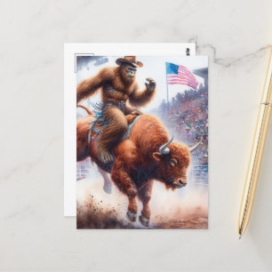 Sasquatch rijdt op een rodeo-stier fantasiekunst briefkaart