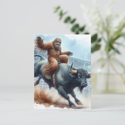 Sasquatch rijdt stier in Rodeo Waterverf Briefkaart (Staand voorkant)