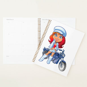 Sassy Biker Girl avec cheveux rouges et moto