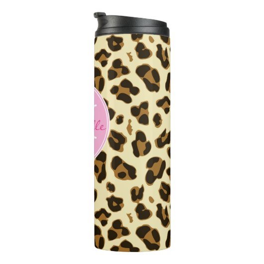 Sassy Leopard Print met roze Monogram Thermosbeker (Geroteerd rechts)