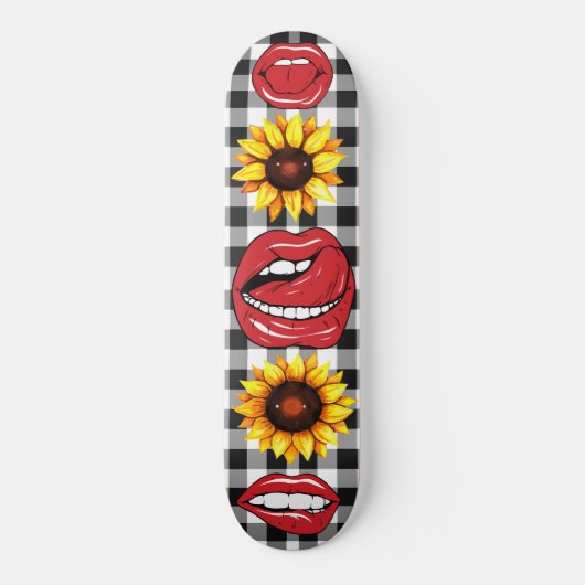 Sassy Lips Open Mouth Tongue Sunflower Checkered Skateboard (Voorkant)
