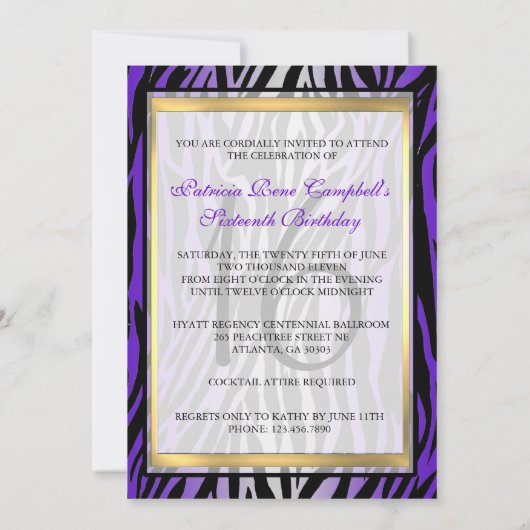 Sassy Purple Zebra Invitation with Bow Kaart (Achterkant)