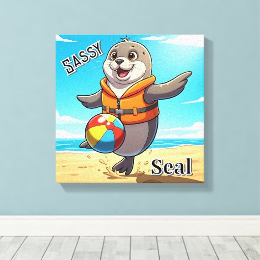Sassy Seal | Schattigee Cartoon Kind Nursery Art Canvas Afdruk (Insitu (Houten vloer))
