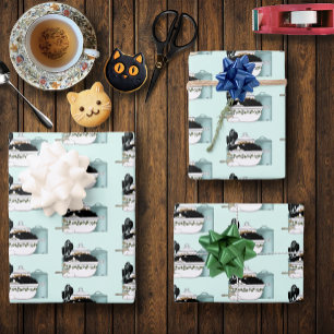 Sassy Tuxedo Kat Vintage Kom Aqua Retro Keuken  Inpakpapier Vel