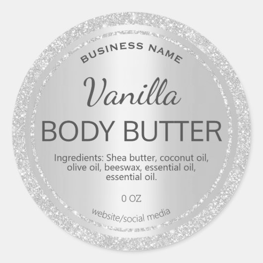 Satijn Folie Silver Glitter Body Butter Labels (Voorkant)