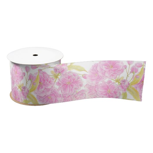 Satin Aquarelle en fleurs de printemps rose, ruban blanc (Bobine)