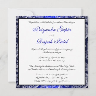 Satin Blue White Lace Paisley Wedding Invitation Kaart