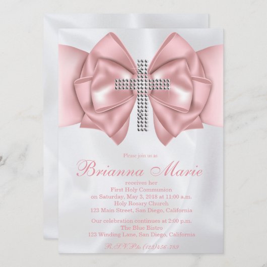 Satin Diamond Cross First Communion Invitation (Devant / Derrière)