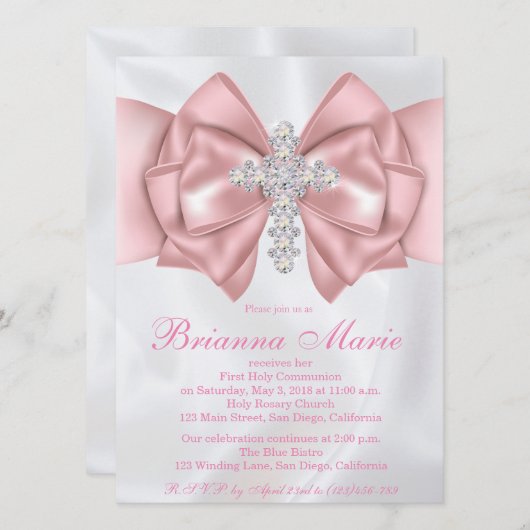 Satin Diamond Cross First Communion Invitation (Devant / Derrière)