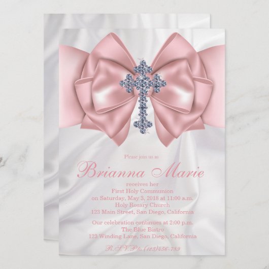 Satin Diamond Cross First Communion Invitation (Devant / Derrière)