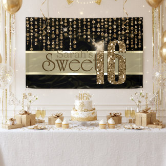 Satin Jewel Sweet Sixteen Zwart Goud ID260 Spandoek
