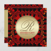 Satin Red Frills Gold Dinner Party Invitations (Devant / Derrière)