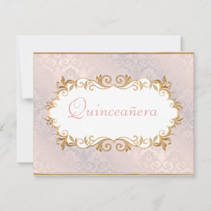 Satin rose et or, Invitation Quinceanera