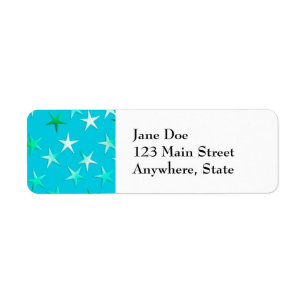 Satin sterren, bleek groen en blauw op turquoise etiket