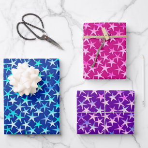 Satin sterren, diepblauw, fuchsia roze en paars inpakpapier vel
