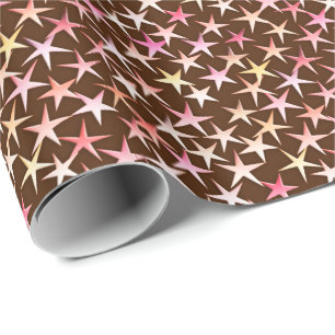 Satin sterren, roze op chocolade cadeaupapier