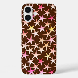 Satin sterren, roze op chocolade iPhone 16 plus hoesje