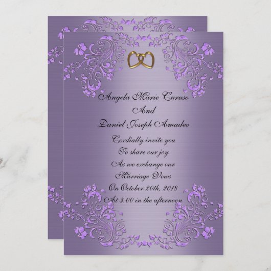 Satin violet faire-part de mariage (Devant / Derrière)